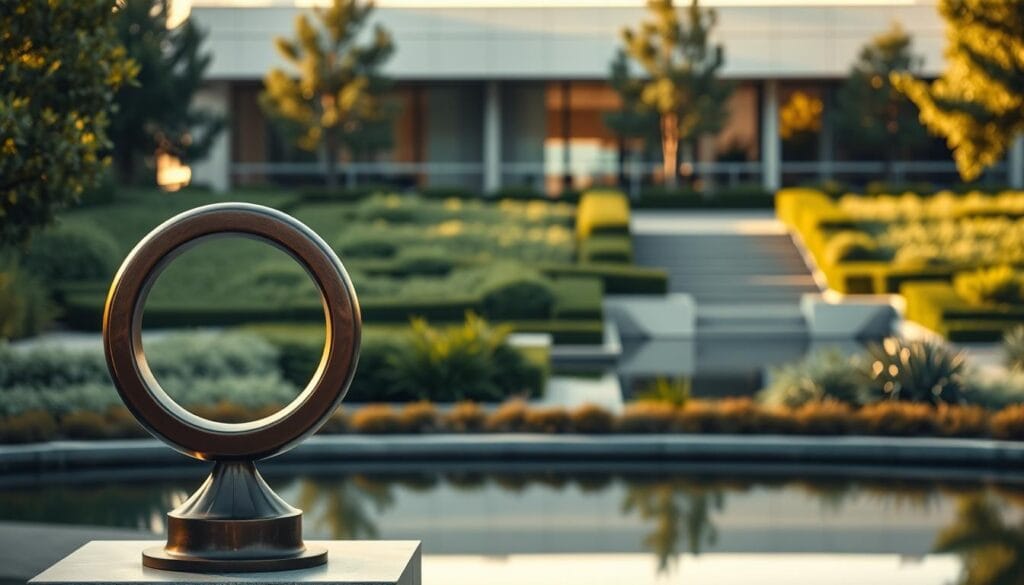 A sophisticated, serene investment philosophy of Edward Jones, embodied in a tranquil landscape. In the foreground, a meticulously crafted bronze sculpture of the iconic Edward Jones logo, illuminated by warm, natural lighting. The middle ground features a manicured garden with lush, verdant foliage and a reflecting pool, mirroring the sculpture's elegant design. In the background, a minimalist, modern office building with clean lines and large windows, symbolizing the firm's commitment to progressive, client-centric strategies. The overall scene conveys a sense of stability, expertise, and thoughtful stewardship, inviting the viewer to contemplate the enduring principles of the Edward Jones investment philosophy.