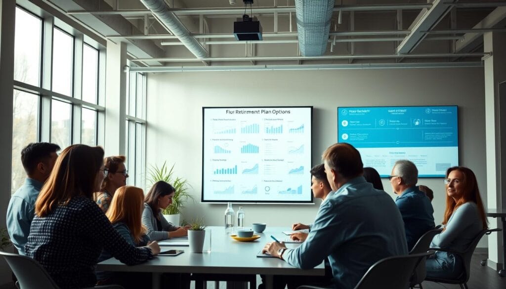A spacious office with ample natural light filtering through large windows. In the foreground, a group of employees gathered around a table, engaged in a discussion about their retirement plan options. The middle ground features a projector screen displaying various financial graphs and charts, guiding them through the setup process. In the background, a wall-mounted display showcases a retirement timeline and key milestones. The atmosphere is professional yet warm, conveying a sense of collaboration and financial security. The lighting is soft and diffused, creating a serene and inviting ambiance. A spacious office with ample natural light filtering through large windows. In the foreground, a group of employees gathered around a table, engaged in a discussion about their retirement plan options. The middle ground features a projector screen displaying various financial graphs and charts, guiding them through the setup process. In the background, a wall-mounted display showcases a retirement timeline and key milestones. The atmosphere is professional yet warm, conveying a sense of collaboration and financial security. The lighting is soft and diffused, creating a serene and inviting ambiance.