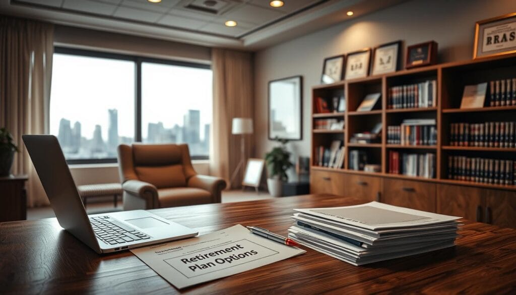 A spacious, well-lit office with a large window overlooking a city skyline. In the foreground, a wooden desk with a modern laptop, pen, and a stack of documents labeled "Retirement Plan Options." Behind the desk, a comfortable armchair and a bookshelf filled with financial planning guides. The walls are adorned with framed certificates and awards, conveying a sense of expertise and authority. Soft, indirect lighting illuminates the scene, creating a warm and professional atmosphere. The overall composition suggests a thoughtful, informed decision-making process regarding military retirement plan choices. A spacious, well-lit office with a large window overlooking a city skyline. In the foreground, a wooden desk with a modern laptop, pen, and a stack of documents labeled "Retirement Plan Options." Behind the desk, a comfortable armchair and a bookshelf filled with financial planning guides. The walls are adorned with framed certificates and awards, conveying a sense of expertise and authority. Soft, indirect lighting illuminates the scene, creating a warm and professional atmosphere. The overall composition suggests a thoughtful, informed decision-making process regarding military retirement plan choices.
