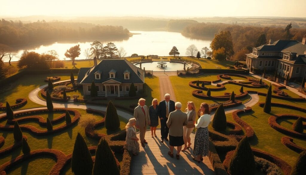 A sprawling estate with a grand, classical manor in the foreground, surrounded by neatly manicured gardens and winding pathways. In the middle ground, a family gathers to discuss financial plans, their expressions thoughtful and serious. In the background, a sunlit patio overlooks a serene lake, hinting at the wealth and legacy this estate represents. The lighting is warm and golden, casting a sense of timelessness and tradition. The camera angle is slightly elevated, giving a panoramic view of the scene, evoking a sense of comprehensive understanding and oversight. This image conveys the gravity and importance of estate planning, the careful consideration of one's legacy, and the tranquil setting in which such weighty decisions are made. A sprawling estate with a grand, classical manor in the foreground, surrounded by neatly manicured gardens and winding pathways. In the middle ground, a family gathers to discuss financial plans, their expressions thoughtful and serious. In the background, a sunlit patio overlooks a serene lake, hinting at the wealth and legacy this estate represents. The lighting is warm and golden, casting a sense of timelessness and tradition. The camera angle is slightly elevated, giving a panoramic view of the scene, evoking a sense of comprehensive understanding and oversight. This image conveys the gravity and importance of estate planning, the careful consideration of one's legacy, and the tranquil setting in which such weighty decisions are made.