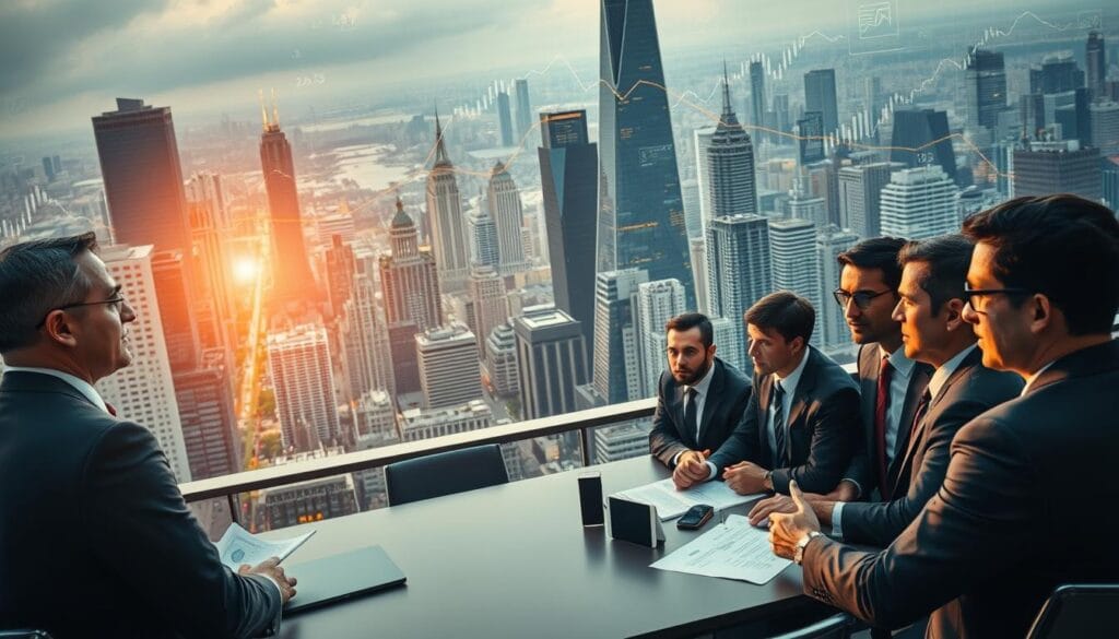 A sprawling financial metropolis, with towering skyscrapers and bustling streets. In the foreground, a group of well-dressed financial advisors engaged in lively discussions, their expressions serious yet determined. In the middle ground, a large conference table surrounded by chairs, signifying the collaborative nature of investment strategies. The background is filled with abstract data visualizations, charts, and graphs, conveying the complexity and analytical nature of the financial world. Warm, directional lighting bathes the scene, creating a sense of professionalism and expertise. The overall atmosphere is one of thoughtful deliberation and sophisticated financial acumen.