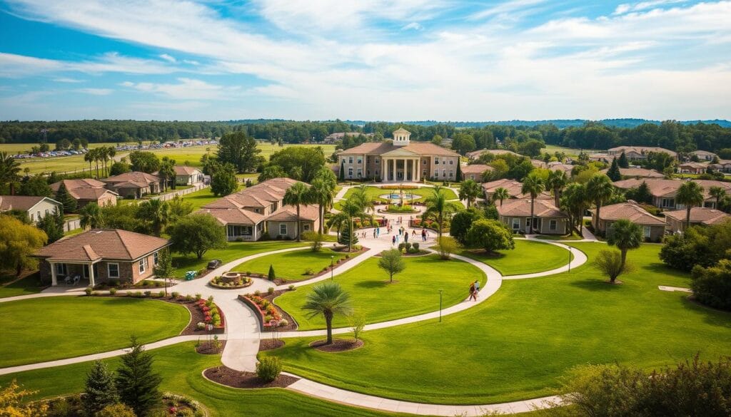 A sprawling retirement community nestled in a lush, verdant landscape. In the foreground, well-manicured lawns and picturesque walking paths wind through serene courtyards, where active seniors engage in leisurely activities. The middle ground features a collection of single-story, pastel-colored residential buildings with warm, welcoming facades. In the background, a towering clubhouse with a grand, columned entrance stands as the social heart of the community, framed by swaying palm trees and a vibrant blue sky. Soft, diffused lighting creates a peaceful, inviting atmosphere, reflecting the relaxed, carefree lifestyle of the retirement community. A sprawling retirement community nestled in a lush, verdant landscape. In the foreground, well-manicured lawns and picturesque walking paths wind through serene courtyards, where active seniors engage in leisurely activities. The middle ground features a collection of single-story, pastel-colored residential buildings with warm, welcoming facades. In the background, a towering clubhouse with a grand, columned entrance stands as the social heart of the community, framed by swaying palm trees and a vibrant blue sky. Soft, diffused lighting creates a peaceful, inviting atmosphere, reflecting the relaxed, carefree lifestyle of the retirement community.