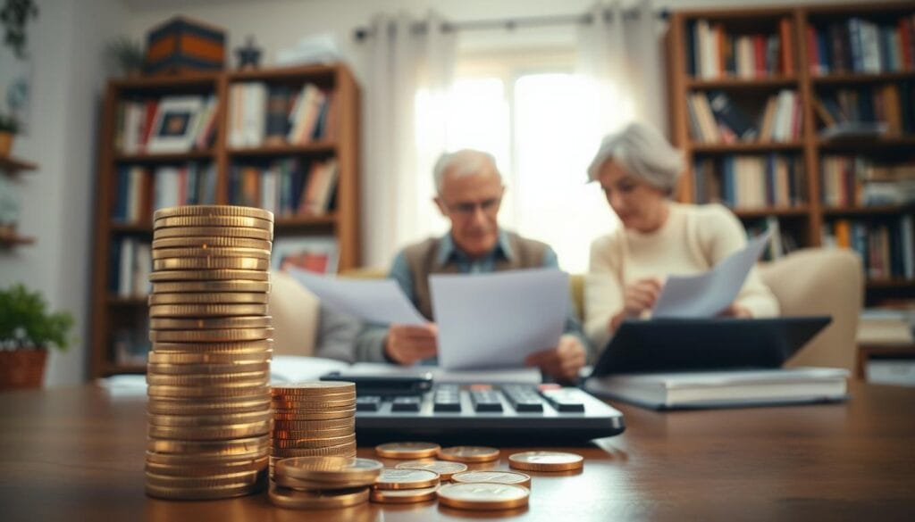 A stack of gold coins representing retirement contribution limits, with a 401(k) logo and a calculator in the foreground. In the middle ground, a senior couple examining financial documents, surrounded by a warm, soft-focus lighting. In the background, a bookshelf filled with financial planning guides, suggesting a home office or study. The scene conveys a sense of careful planning and financial responsibility for one's golden years. A stack of gold coins representing retirement contribution limits, with a 401(k) logo and a calculator in the foreground. In the middle ground, a senior couple examining financial documents, surrounded by a warm, soft-focus lighting. In the background, a bookshelf filled with financial planning guides, suggesting a home office or study. The scene conveys a sense of careful planning and financial responsibility for one's golden years.