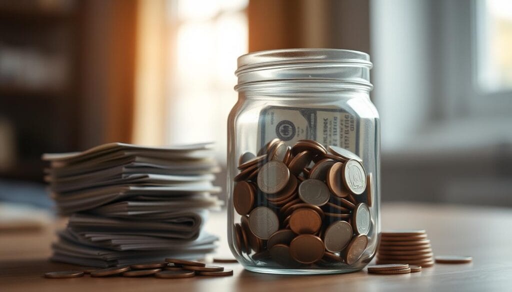 A stack of neatly arranged dollar bills, with a glass mason jar in the foreground, filled to the brim with coins. The jar casts a warm, mellow glow, illuminated by soft, natural lighting from a window in the background. The composition evokes a sense of financial security and liquidity, with the cash and coins symbolizing the "liquidity bucket" that can help ride out market downturns. The overall scene has a serene, organized, and reassuring atmosphere, conveying the importance of maintaining a readily available financial cushion for retirement.