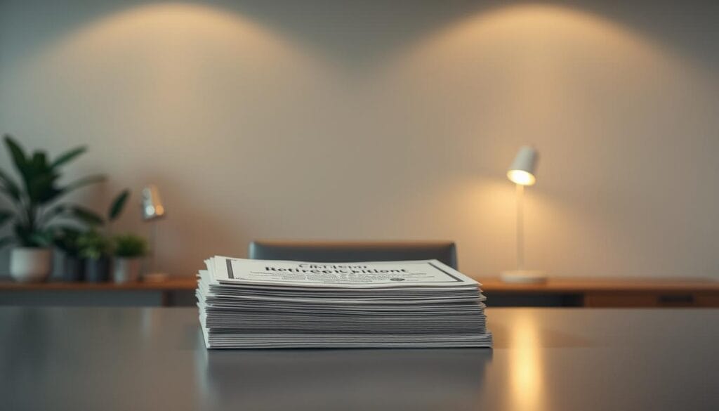 A stack of professional certifications and credentials against a backdrop of a tranquil office space. The certifications are displayed on a sleek, modern desk with a warm, indirect lighting that casts a soft glow. The frame is set against a muted, neutral-toned wall, creating a sense of sophistication and authority. The depth of field is shallow, keeping the focus on the credentials while the background remains subtly blurred, emphasizing the importance of the qualifications. The overall composition conveys a sense of expertise, trust, and commitment to retirement planning. A stack of professional certifications and credentials against a backdrop of a tranquil office space. The certifications are displayed on a sleek, modern desk with a warm, indirect lighting that casts a soft glow. The frame is set against a muted, neutral-toned wall, creating a sense of sophistication and authority. The depth of field is shallow, keeping the focus on the credentials while the background remains subtly blurred, emphasizing the importance of the qualifications. The overall composition conveys a sense of expertise, trust, and commitment to retirement planning.