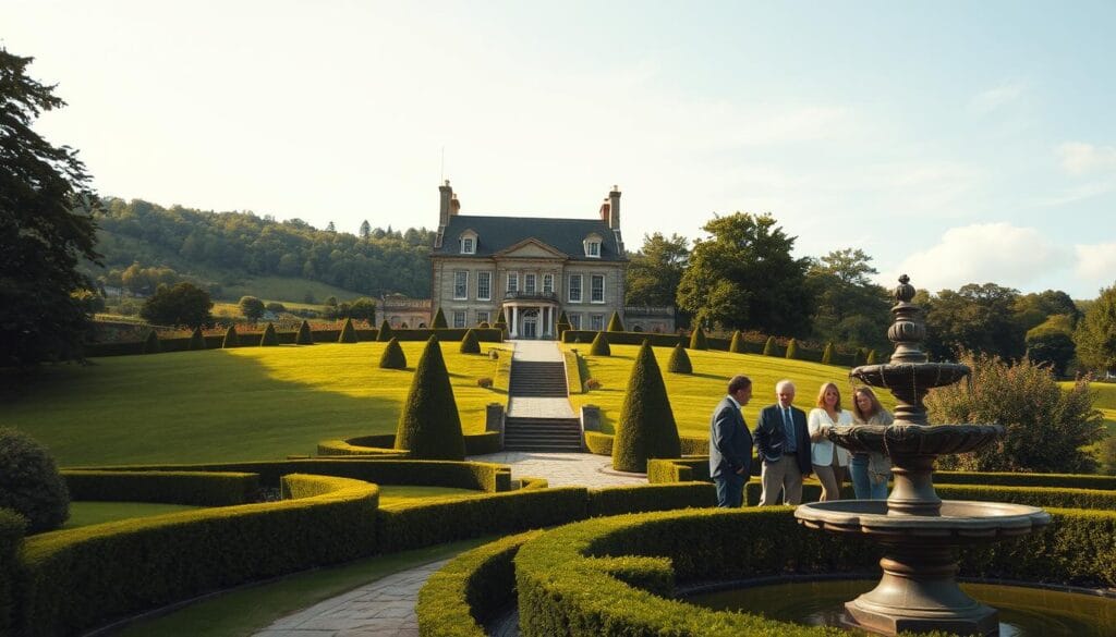 A stately manor house nestled amidst lush green hills, sunlight casting a warm glow through its grand windows. In the foreground, a well-manicured garden with meticulously trimmed hedges and a winding stone path leading to an ornate fountain. In the middle ground, a group of people engaged in discussion, their expressions serious as they consider matters of inheritance and wealth transfer. The background features a cloudless sky, hinting at the tranquility and stability of the estate. The composition evokes a sense of timeless tradition, emphasizing the importance of thoughtful estate planning and the preservation of family wealth.