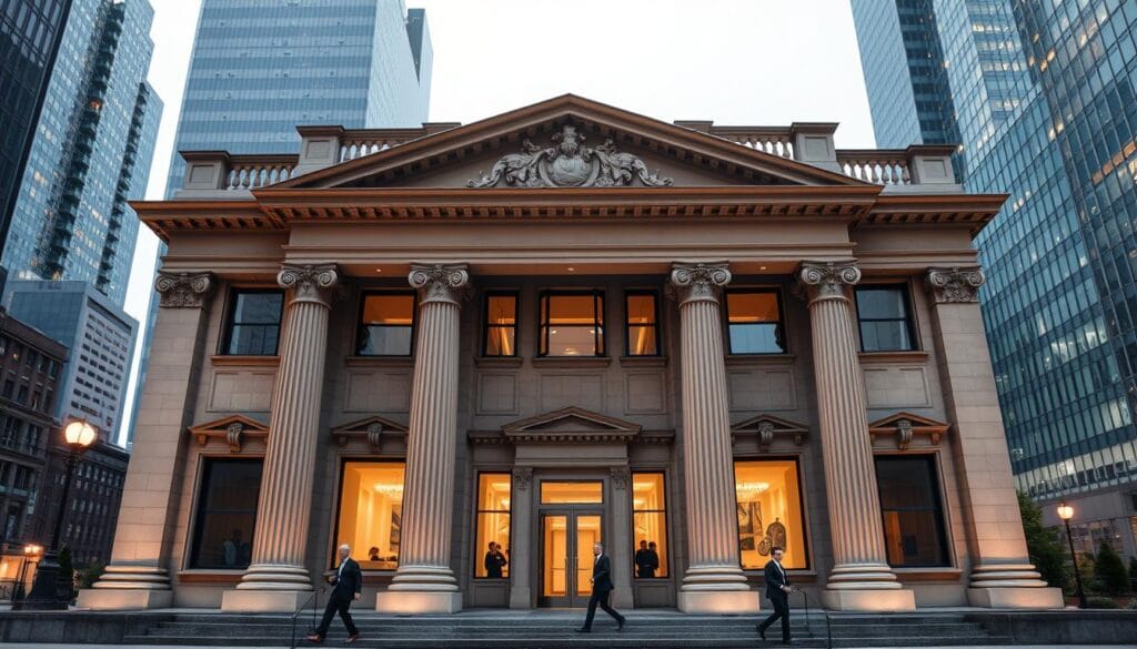 A stately office building set against a backdrop of a bustling city skyline. The facade is adorned with elegant columns and intricate architectural details, exuding an air of timeless sophistication. In the foreground, well-dressed individuals enter and exit the building, representing the wealth management professionals who serve the needs of discerning clientele. Soft, warm lighting illuminates the scene, creating an inviting and prestigious atmosphere. The overall composition conveys a sense of authority, stability, and the high-caliber services offered by the top private wealth management firms catering to the senior demographic. A stately office building set against a backdrop of a bustling city skyline. The facade is adorned with elegant columns and intricate architectural details, exuding an air of timeless sophistication. In the foreground, well-dressed individuals enter and exit the building, representing the wealth management professionals who serve the needs of discerning clientele. Soft, warm lighting illuminates the scene, creating an inviting and prestigious atmosphere. The overall composition conveys a sense of authority, stability, and the high-caliber services offered by the top private wealth management firms catering to the senior demographic.