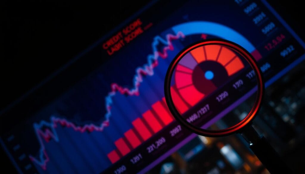 A striking aerial view of a credit score chart, with vivid blues and reds depicting the dramatic impact on a person's financial standing. Dramatic lighting casts sharp shadows, creating a sense of urgency and tension. The chart's data points and numerical values are rendered in crisp detail, conveying the gravity of the situation. In the foreground, a magnifying glass hovers, drawing the viewer's attention to the crucial details. The background is a blurred cityscape, symbolizing the broader financial landscape affected by credit score fluctuations. An overall moody, cinematic atmosphere evokes the serious consequences of credit score changes.