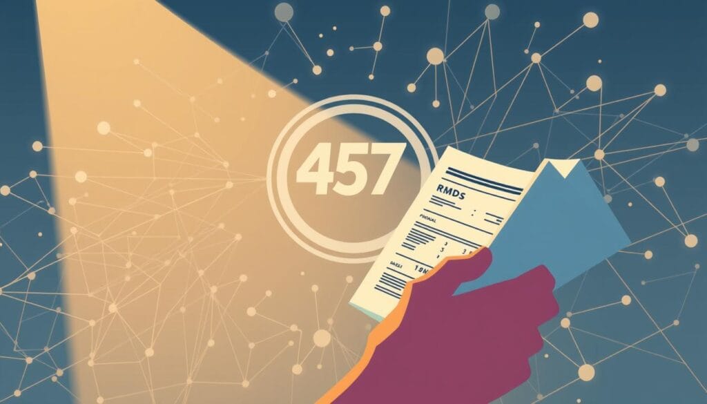 A stylized illustration showcasing the concept of required minimum distributions (RMDs) from a 457 retirement plan. The foreground depicts a hand holding financial documents, representing the paperwork and calculations involved in RMDs. The middle ground features a 457 plan logo, symbolizing the retirement account. In the background, a dynamic array of geometric shapes and lines suggests the complex financial landscape and regulations surrounding RMDs. The lighting is soft and warm, creating a contemplative atmosphere. The overall composition conveys the importance and intricacies of navigating RMDs, particularly for individuals who are still actively working.