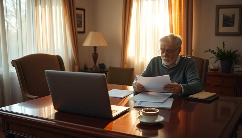 A sun-dappled home office, a senior couple sitting at a polished wooden desk, reviewing documents. Warm lighting filters through sheer curtains, casting a serene glow. On the desk, a laptop, a cup of tea, and carefully organized legal papers. The couple's expressions are thoughtful, their body language relaxed yet attentive, reflecting the gravity and importance of their task - planning their legacy and securing their future. The room exudes a sense of quiet contemplation, underscoring the significance of the estate planning process for this stage of life.