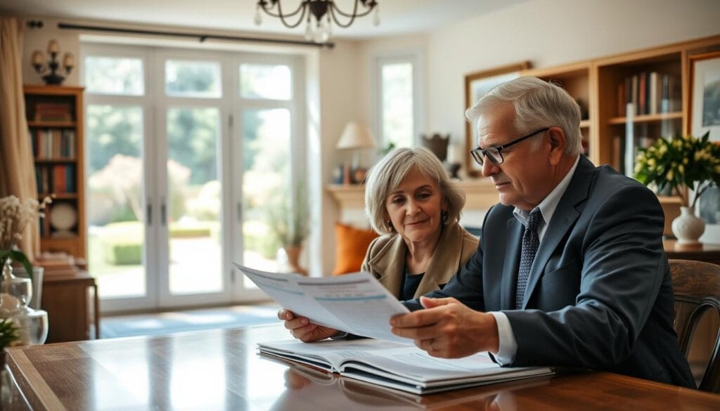 A sun-dappled, serene scene of a cozy home interior. In the foreground, a mature couple, dressed smartly, sits at a table reviewing documents - retirement income options and mortgage plans. The middle ground features tasteful home decor, bookcases, and a warm fireplace. The background showcases a view of a well-manicured garden through large windows, hinting at the tranquility of retirement. The lighting is soft and natural, creating a contemplative, reassuring atmosphere. A sense of thoughtful planning and financial security pervades the scene. A sun-dappled, serene scene of a cozy home interior. In the foreground, a mature couple, dressed smartly, sits at a table reviewing documents - retirement income options and mortgage plans. The middle ground features tasteful home decor, bookcases, and a warm fireplace. The background showcases a view of a well-manicured garden through large windows, hinting at the tranquility of retirement. The lighting is soft and natural, creating a contemplative, reassuring atmosphere. A sense of thoughtful planning and financial security pervades the scene.