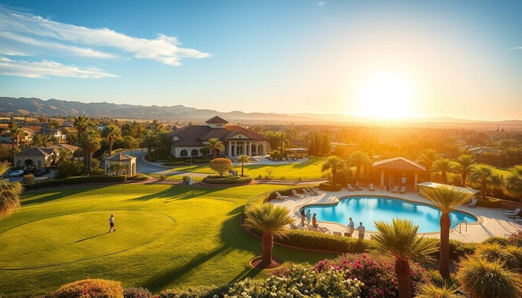A sun-drenched community nestled amidst lush, landscaped gardens. In the foreground, retirees enjoy a leisurely game of golf, their putters gliding across the meticulously manicured fairways. Nearby, a sparkling outdoor pool reflects the azure sky, surrounded by palm trees swaying gently in the warm breeze. In the middle ground, a resort-style clubhouse stands tall, its elegant architecture and inviting patio beckoning residents to gather and socialize. The background reveals a panoramic view of the surrounding rolling hills, the warm California sun casting a golden glow over the entire scene. This is the lifestyle of Sun City Roseville, a vibrant 55+ community where relaxation, recreation, and community thrive. A sun-drenched community nestled amidst lush, landscaped gardens. In the foreground, retirees enjoy a leisurely game of golf, their putters gliding across the meticulously manicured fairways. Nearby, a sparkling outdoor pool reflects the azure sky, surrounded by palm trees swaying gently in the warm breeze. In the middle ground, a resort-style clubhouse stands tall, its elegant architecture and inviting patio beckoning residents to gather and socialize. The background reveals a panoramic view of the surrounding rolling hills, the warm California sun casting a golden glow over the entire scene. This is the lifestyle of Sun City Roseville, a vibrant 55+ community where relaxation, recreation, and community thrive.