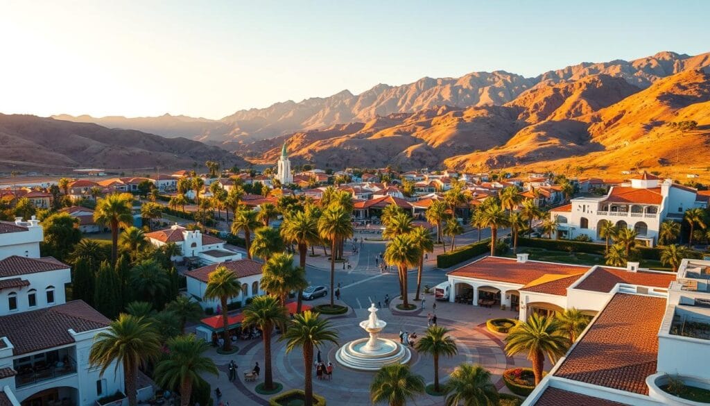 A sun-drenched, vibrant city nestled among rolling hills and lush palm trees. In the foreground, pristine white buildings with terracotta roofs and Spanish-inspired architecture glisten under the warm, golden sunlight. A bustling central plaza features a grand fountain, surrounded by palm trees and people enjoying the outdoor cafes. In the middle ground, winding streets lead to well-manicured neighborhoods of single-story homes with neatly trimmed hedges and colorful flower beds. The background is dominated by rugged, sun-baked mountains, their peaks bathed in a hazy, luminous glow. The overall atmosphere is one of tranquility, leisure, and a vibrant, retirement-friendly community. A sun-drenched, vibrant city nestled among rolling hills and lush palm trees. In the foreground, pristine white buildings with terracotta roofs and Spanish-inspired architecture glisten under the warm, golden sunlight. A bustling central plaza features a grand fountain, surrounded by palm trees and people enjoying the outdoor cafes. In the middle ground, winding streets lead to well-manicured neighborhoods of single-story homes with neatly trimmed hedges and colorful flower beds. The background is dominated by rugged, sun-baked mountains, their peaks bathed in a hazy, luminous glow. The overall atmosphere is one of tranquility, leisure, and a vibrant, retirement-friendly community.