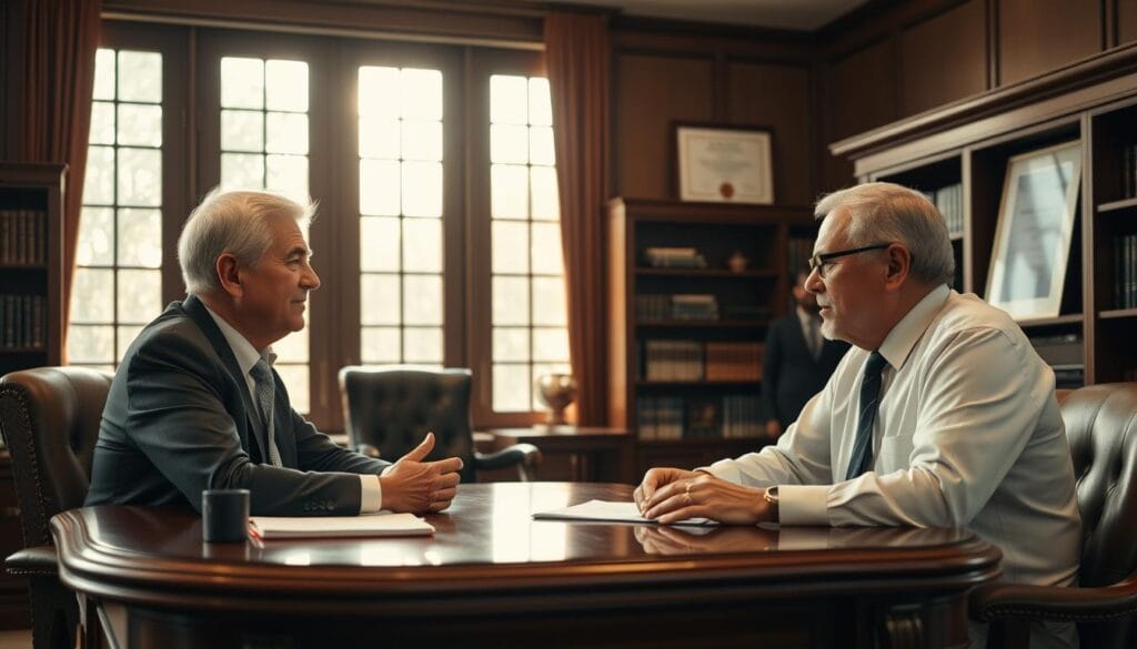 A tasteful office setting, capturing the essence of a private wealth management firm. In the foreground, an older couple sits across a mahogany desk, deep in discussion with a well-dressed financial advisor. Warm lighting filters through large windows, conveying a sense of professionalism and trust. The advisor's expression is thoughtful, their hands gesturing as they explain options. The couple's faces are engaged, considering the advisor's guidance. In the background, bookcases line the walls, and a degree or certificate hangs proudly, highlighting the firm's credentials. The overall mood is one of quiet confidence, where experienced professionals guide clients towards prudent financial decisions. A tasteful office setting, capturing the essence of a private wealth management firm. In the foreground, an older couple sits across a mahogany desk, deep in discussion with a well-dressed financial advisor. Warm lighting filters through large windows, conveying a sense of professionalism and trust. The advisor's expression is thoughtful, their hands gesturing as they explain options. The couple's faces are engaged, considering the advisor's guidance. In the background, bookcases line the walls, and a degree or certificate hangs proudly, highlighting the firm's credentials. The overall mood is one of quiet confidence, where experienced professionals guide clients towards prudent financial decisions.