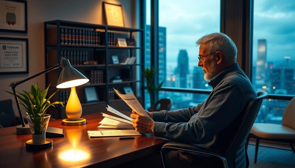 A tastefully illuminated modern office scene. In the foreground, a senior homebuyer sits at a polished wooden desk, carefully reviewing financial documents and payslips. Soft, warm lighting from a desk lamp casts a cozy glow, while an ergonomic chair and a potted plant create a comfortable, professional atmosphere. The middle ground features a bookshelf with leather-bound volumes and framed certificates, hinting at the homebuyer's experience and credibility. In the background, large windows offer a view of a vibrant cityscape, suggesting the homebuyer's affluence and financial security. The overall mood is one of thoughtful consideration and measured decision-making. A tastefully illuminated modern office scene. In the foreground, a senior homebuyer sits at a polished wooden desk, carefully reviewing financial documents and payslips. Soft, warm lighting from a desk lamp casts a cozy glow, while an ergonomic chair and a potted plant create a comfortable, professional atmosphere. The middle ground features a bookshelf with leather-bound volumes and framed certificates, hinting at the homebuyer's experience and credibility. In the background, large windows offer a view of a vibrant cityscape, suggesting the homebuyer's affluence and financial security. The overall mood is one of thoughtful consideration and measured decision-making.