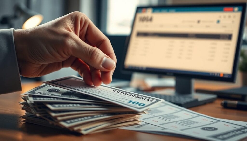 A tastefully-lit closeup of a hand making a withdrawal from a Roth IRA account, with stacks of dollar bills and a withdrawal slip in the foreground. The background features a blurred office setting with a computer screen displaying account details. The lighting is warm and inviting, conveying a sense of responsible financial planning. The overall composition emphasizes the importance of understanding the rules and implications around Roth IRA withdrawals.