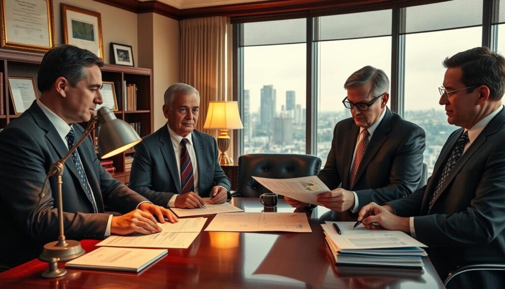 A team of experienced investment brokers in suits and ties, gathered around a mahogany desk, reviewing financial reports and charts under the warm glow of a desk lamp. The scene conveys a sense of professionalism, expertise, and dedication to serving the unique investment needs of retirees. The brokers' expressions are thoughtful, their posture attentive, as they discuss strategies to preserve and grow the retirement savings of their clients. The background is a tasteful, executive office setting, with bookshelves, framed certificates, and a view of a cityscape through large windows, suggesting the brokers' deep knowledge and experience in the field. A team of experienced investment brokers in suits and ties, gathered around a mahogany desk, reviewing financial reports and charts under the warm glow of a desk lamp. The scene conveys a sense of professionalism, expertise, and dedication to serving the unique investment needs of retirees. The brokers' expressions are thoughtful, their posture attentive, as they discuss strategies to preserve and grow the retirement savings of their clients. The background is a tasteful, executive office setting, with bookshelves, framed certificates, and a view of a cityscape through large windows, suggesting the brokers' deep knowledge and experience in the field.