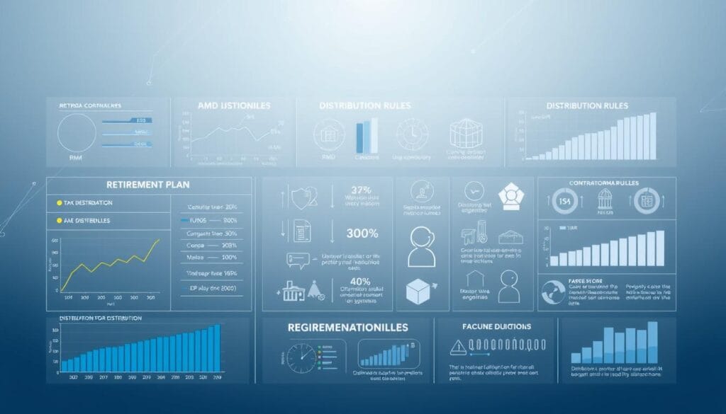 A technical illustration depicting distributions in a retirement plan. In the foreground, a set of financial charts and graphs showcasing various withdrawal scenarios, RMD calculations, and distribution rules. The middle ground features icons and infographic elements illustrating key concepts like tax implications, age thresholds, and regulatory guidelines. The background is a clean, minimalist composition with subtle geometric patterns, creating a sense of balance and order. The overall aesthetic is sleek, modern, and data-driven, conveying the complex yet essential nature of retirement plan distributions. A technical illustration depicting distributions in a retirement plan. In the foreground, a set of financial charts and graphs showcasing various withdrawal scenarios, RMD calculations, and distribution rules. The middle ground features icons and infographic elements illustrating key concepts like tax implications, age thresholds, and regulatory guidelines. The background is a clean, minimalist composition with subtle geometric patterns, creating a sense of balance and order. The overall aesthetic is sleek, modern, and data-driven, conveying the complex yet essential nature of retirement plan distributions.
