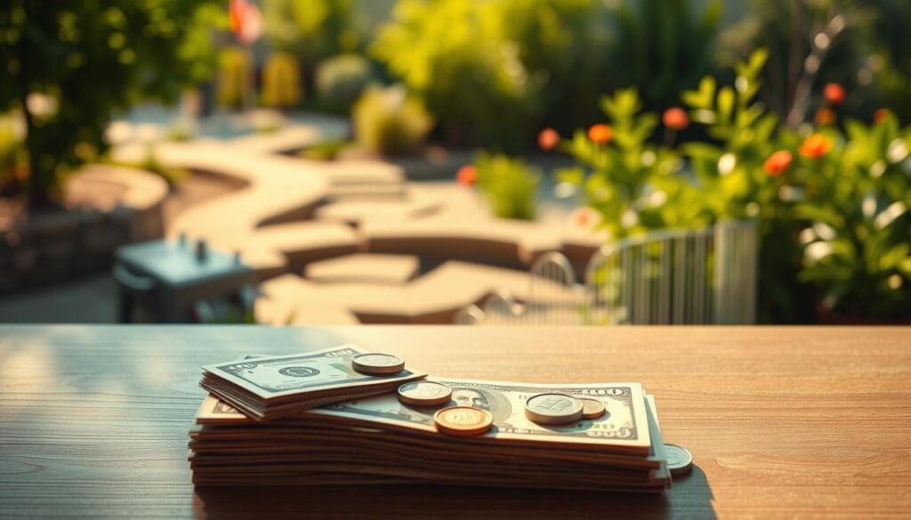 A tranquil financial landscape, a bird's-eye view of a personal cash flow diagram. In the foreground, a neatly organized stack of bills and coins, casting soft shadows. The middle ground depicts a fluid stream of income and expenses, represented by intricate data visualizations. In the background, a serene garden setting with lush greenery, symbolizing the stability and growth of a well-managed retirement plan. Warm, diffused lighting casts a calming glow over the scene, inviting contemplation of one's financial well-being. The composition is balanced, with a sense of harmony and control, reflecting the section's focus on mapping cash flow and liquidity for a stable first year after retirement.