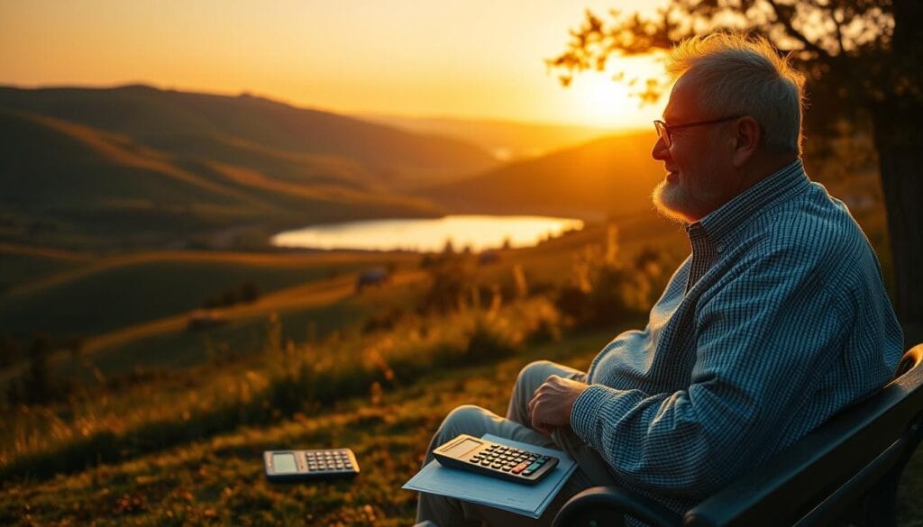 A tranquil landscape of rolling hills, a peaceful pond reflecting the golden sunset, and a retiree sitting on a bench, deep in thought. The scene is bathed in warm, soft lighting, creating a serene and contemplative atmosphere. The retiree's expression conveys a sense of contentment and confidence as they consider their financial future. In the foreground, a calculator and financial documents rest on the bench, hinting at the careful planning and smart withdrawal strategies they have crafted. The overall composition evokes a sense of balance, security, and a fulfilling retirement.
