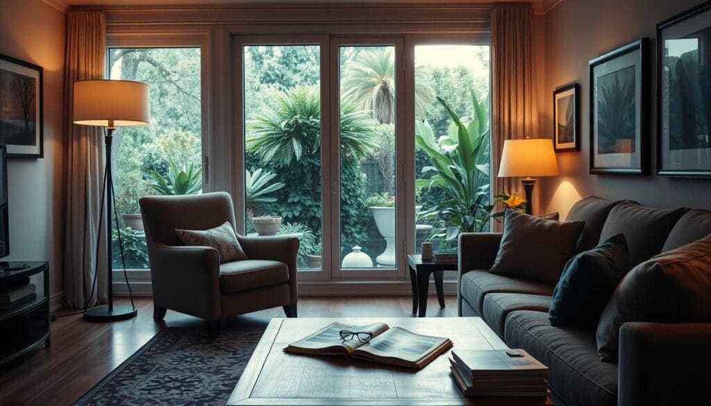 A tranquil living room, bathed in soft, warm lighting from a floor lamp and large windows. A comfortable armchair and a plush sofa beckon, inviting the viewer to relax and indulge in leisurely pursuits. On the coffee table, a stack of magazines and a pair of reading glasses suggest a moment of uninterrupted leisure. The walls are adorned with framed artwork, reflecting the homeowner's personal style and interests. Through the windows, a glimpse of a lush, verdant garden can be seen, hinting at the outdoor recreation and exploration that may be part of this discretionary lifestyle. The overall atmosphere exudes a sense of comfort, relaxation, and the freedom to choose how one spends their time.