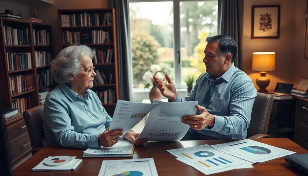 A tranquil office setting, with warm lighting and a cozy atmosphere. In the foreground, a senior couple sits together, intently discussing financial documents and charts spread out on a wooden desk. The middle ground features a financial advisor, dressed professionally, gesturing emphatically as they explain various retirement planning strategies. The background showcases a bookshelf filled with finance-related literature, complemented by a large window offering a scenic view of a serene garden. The overall scene conveys a sense of trust, collaboration, and a commitment to secure the financial future of the senior couple. A tranquil office setting, with warm lighting and a cozy atmosphere. In the foreground, a senior couple sits together, intently discussing financial documents and charts spread out on a wooden desk. The middle ground features a financial advisor, dressed professionally, gesturing emphatically as they explain various retirement planning strategies. The background showcases a bookshelf filled with finance-related literature, complemented by a large window offering a scenic view of a serene garden. The overall scene conveys a sense of trust, collaboration, and a commitment to secure the financial future of the senior couple.