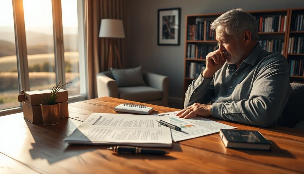 A tranquil scene of financial planning, with a retiree thoughtfully considering their investment options. In the foreground, a wooden table displays various financial documents, retirement planning materials, and a pen, all illuminated by warm, natural lighting. The middle ground features a comfortable armchair and a bookshelf filled with finance-related books, suggesting a cozy, contemplative atmosphere. In the background, a large window overlooks a serene landscape, with rolling hills and a distant horizon, symbolizing the potential for growth and stability in retirement. The overall composition conveys a sense of careful deliberation, financial security, and a well-considered approach to managing one's investments after retirement.