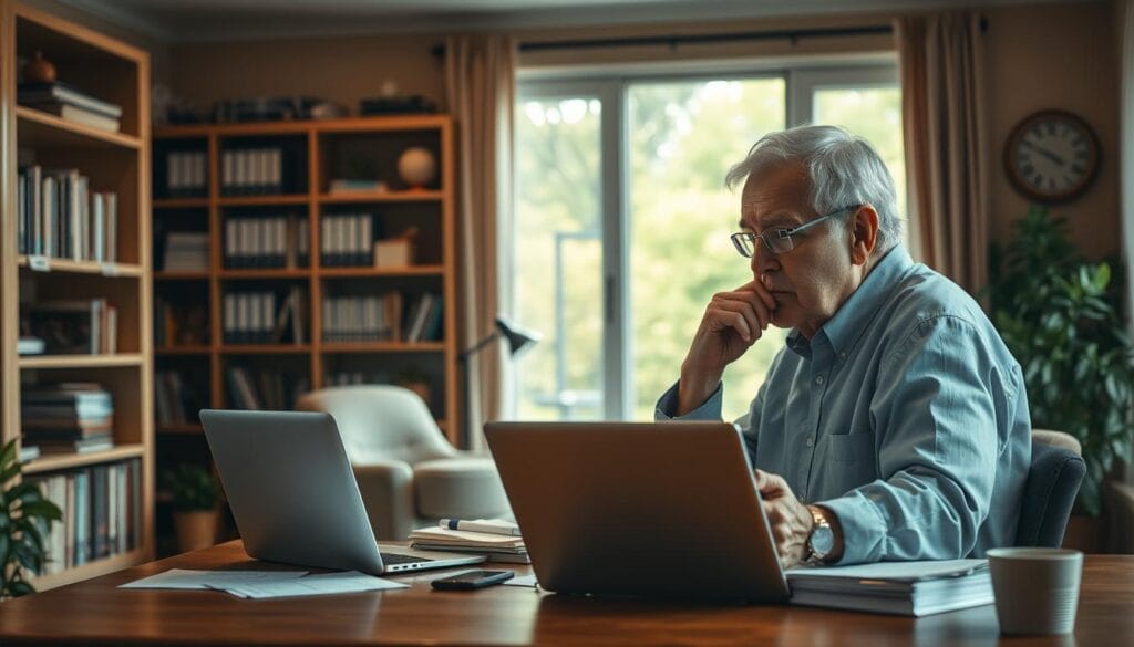 A tranquil, serene scene depicting a thoughtful retiree engaged in retirement income planning. In the foreground, an elderly person sits at a wooden desk, surrounded by financial documents and a laptop, deep in contemplation. The middle ground features shelves filled with books and folders, hinting at the careful organization and preparation required for this stage of life. The background showcases a warm, softly lit home office, with large windows providing natural illumination and a calming view of a lush, verdant garden outside. The overall atmosphere evokes a sense of financial security, contentment, and a well-considered approach to managing one's retirement income.