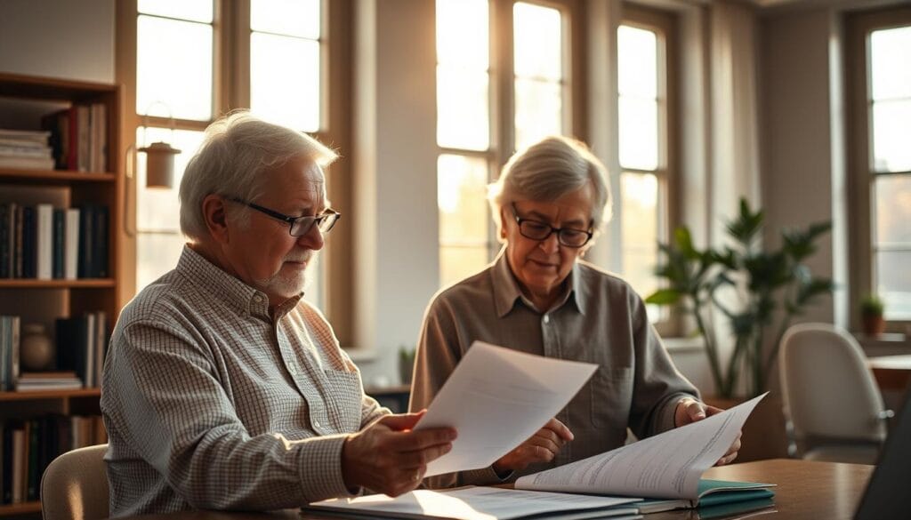 A tranquil, sun-dappled office, the warm glow casting a serene ambiance. In the foreground, an elderly couple pore over financial documents, engaged in a thoughtful discussion about their retirement planning strategies. Shelves lined with books and a tasteful decorative plant add depth and sophistication to the scene. Soft, diffused lighting filters through large windows, illuminating the scene with a sense of calm contemplation. The couple's expressions convey a sense of security and confidence as they map out their financial future. The overall mood is one of careful planning, financial responsibility, and a peaceful transition into the golden years.