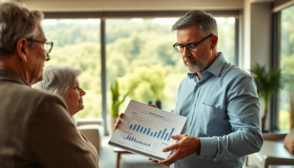 A tranquil, sun-dappled scene depicting a thoughtful financial advisor presenting a comprehensive retirement income plan. In the foreground, a serene older couple listens intently, their faces reflecting the weight of their decision. The advisor's expression exudes calm confidence, guiding them through detailed graphs and charts on a sleek tablet. In the middle ground, a tasteful office setting with modern furnishings and a large window overlooking a lush, verdant landscape. Soft, warm lighting bathes the scene, creating a sense of security and trust. The overall mood is one of reassurance and professionalism, conveying the value and importance of a well-crafted retirement income strategy. A tranquil, sun-dappled scene depicting a thoughtful financial advisor presenting a comprehensive retirement income plan. In the foreground, a serene older couple listens intently, their faces reflecting the weight of their decision. The advisor's expression exudes calm confidence, guiding them through detailed graphs and charts on a sleek tablet. In the middle ground, a tasteful office setting with modern furnishings and a large window overlooking a lush, verdant landscape. Soft, warm lighting bathes the scene, creating a sense of security and trust. The overall mood is one of reassurance and professionalism, conveying the value and importance of a well-crafted retirement income strategy.