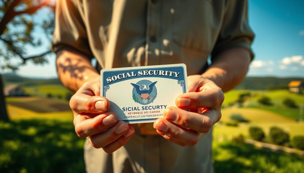 A tranquil, sun-drenched scene depicting the iconic Social Security card. The foreground features the detailed design of the card, with its intricate eagle emblem and prominent "Social Security" text. The middle ground showcases a retiree's hands carefully holding the card, reflecting the importance of this critical retirement income source. The background depicts a serene, pastoral landscape with rolling hills, lush greenery, and a clear blue sky, conveying a sense of financial security and stability. Warm, soft lighting illuminates the scene, creating a comforting, reassuring atmosphere. Captured with a wide-angle, high-resolution lens to emphasize the centrality of the Social Security card and the broader context of a well-planned retirement.