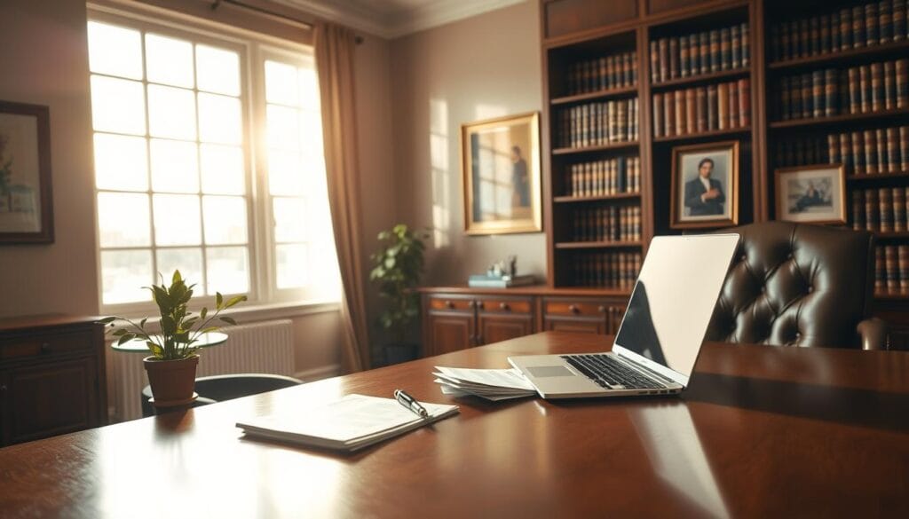 A tranquil, well-lit office setting with a large, wooden desk and a comfortable leather armchair. On the desk, a stack of financial documents, a pen, and a potted plant. In the background, a bookshelf filled with leather-bound volumes and framed artwork. Warm, natural lighting streams in through a large window, casting a soft glow on the scene. The atmosphere conveys a sense of stability, security, and thoughtful retirement planning. A laptop computer rests open on the desk, suggesting the integration of modern technology with traditional financial practices.