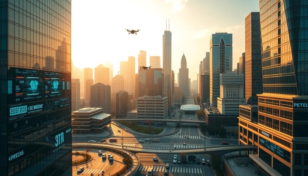 A vast, gleaming city skyline, bathed in a warm, golden light. In the foreground, a sleek, futuristic office building, its facade adorned with seamlessly integrated digital displays, conveying real-time data and information. In the middle ground, a bustling intersection, where autonomous vehicles and drones zip past, effortlessly coordinated by a complex network of sensors and AI-powered infrastructure. In the background, towering skyscrapers, their windows reflecting the vibrant digital landscape, symbolizing the seamless integration of technology into every aspect of modern life. The scene radiates a sense of efficiency, innovation, and the boundless potential of technological progress. A vast, gleaming city skyline, bathed in a warm, golden light. In the foreground, a sleek, futuristic office building, its facade adorned with seamlessly integrated digital displays, conveying real-time data and information. In the middle ground, a bustling intersection, where autonomous vehicles and drones zip past, effortlessly coordinated by a complex network of sensors and AI-powered infrastructure. In the background, towering skyscrapers, their windows reflecting the vibrant digital landscape, symbolizing the seamless integration of technology into every aspect of modern life. The scene radiates a sense of efficiency, innovation, and the boundless potential of technological progress.