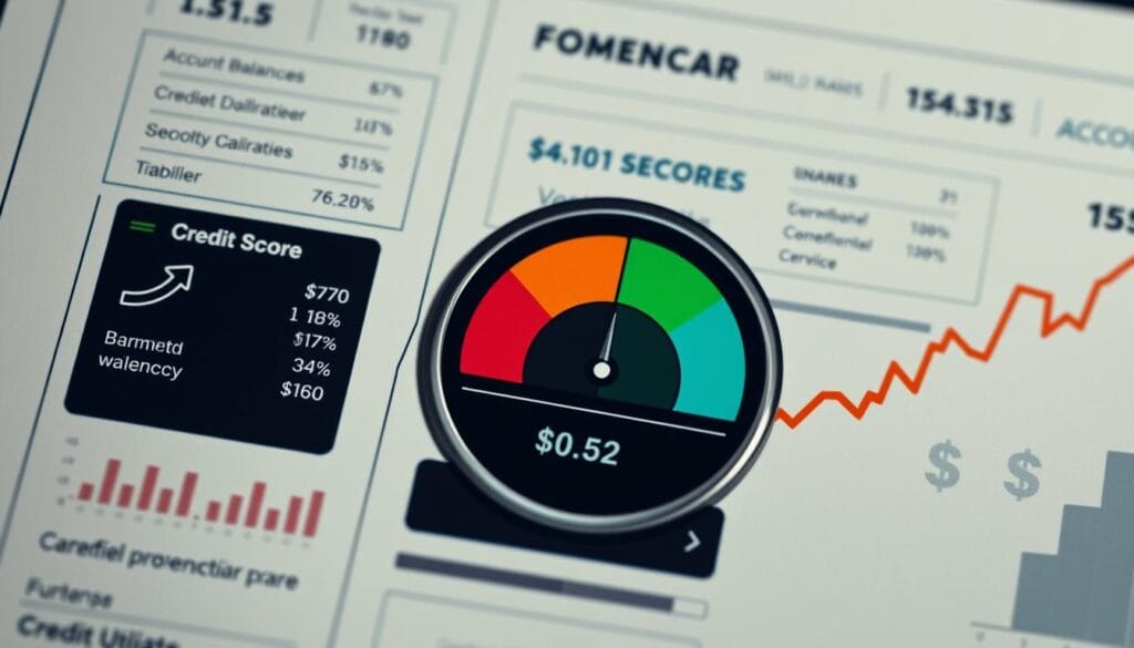 A vibrant and detailed image of a credit score, with a clean and organized layout. In the foreground, a large, prominently displayed credit score number, rendered in a bold, readable font. The middle ground features various credit report elements, such as account balances, payment history, and credit utilization, all presented in a clear and intuitive manner. The background depicts a financial landscape, with currency symbols, graphs, and other relevant financial iconography, all rendered in a muted, supporting palette to draw the eye towards the central credit score. The lighting is soft and balanced, creating a sense of professionalism and authority, while the camera angle is slightly elevated, conveying a sense of importance and significance. The overall mood is one of clarity, organization, and the importance of maintaining a healthy credit score.