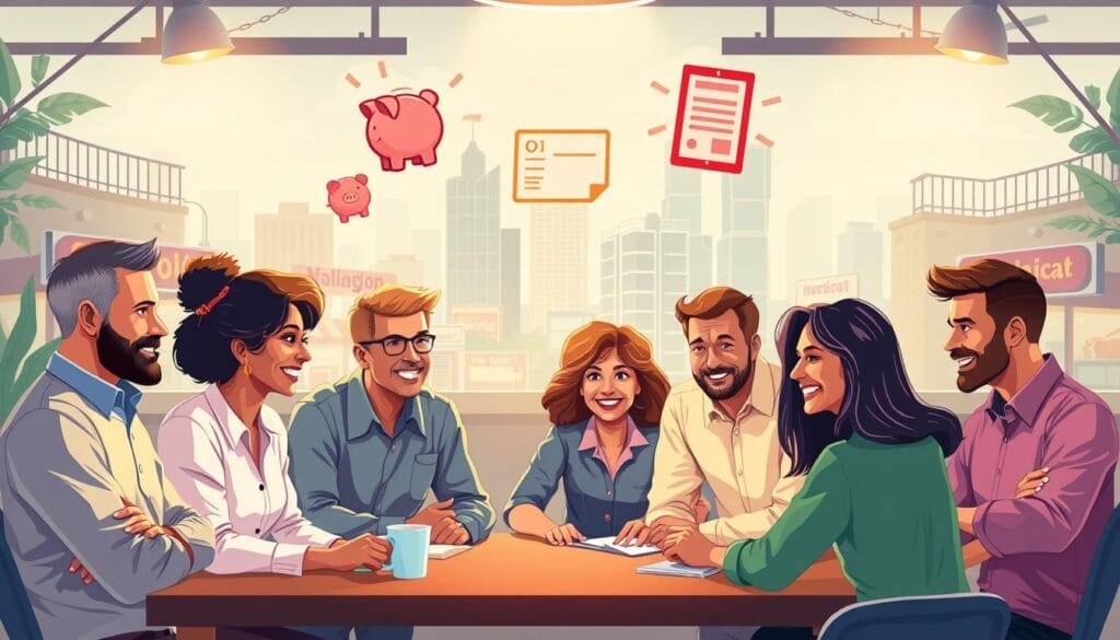 A vibrant and dynamic illustration showcasing the benefits of a small business retirement plan. In the foreground, a team of diverse, hardworking employees gathered around a table, engaged in lively discussion. Soft lighting casts a warm glow, highlighting their expressions of satisfaction and security. In the middle ground, a series of icons representing retirement benefits - a piggy bank, a calculator, a certificate - float weightlessly, symbolizing the tangible advantages. The background features a cityscape of bustling small businesses, hinting at the broader economic impact of providing robust retirement options. The overall mood is one of optimism, empowerment, and a sense of financial well-being, capturing the essence of how a retirement plan can truly benefit a small business and its valued workforce.