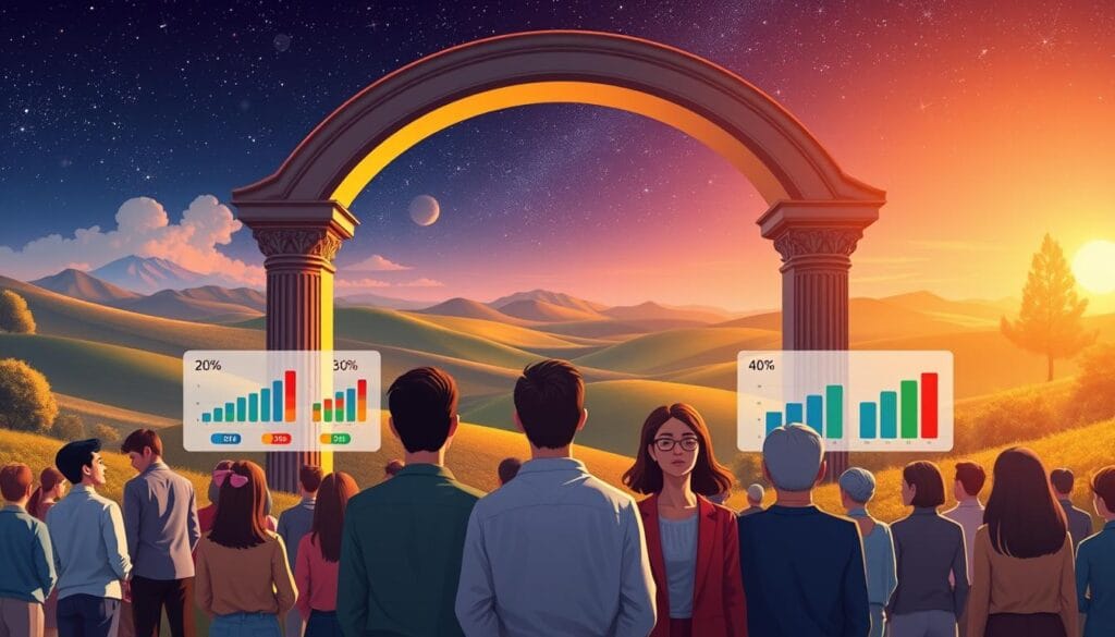 A vibrant, cinematic illustration showcasing age-based savings guidance. In the foreground, a diverse group of people in their 20s, 30s, 40s, and 50s, each with a unique financial roadmap represented by colorful charts and graphs. The middle ground features a grand, classical-style archway framing the scene, symbolic of the journey through life stages. In the background, a lush, dreamlike landscape with rolling hills, a starry night sky, and a warm, golden glow casting a sense of wisdom and serenity. Crisp, high-contrast lighting highlights the key figures and financial details, creating a sense of balance and clarity. Rendered in a detailed, photorealistic style that invites the viewer to step into the scene and envision their own path to financial security. A vibrant, cinematic illustration showcasing age-based savings guidance. In the foreground, a diverse group of people in their 20s, 30s, 40s, and 50s, each with a unique financial roadmap represented by colorful charts and graphs. The middle ground features a grand, classical-style archway framing the scene, symbolic of the journey through life stages. In the background, a lush, dreamlike landscape with rolling hills, a starry night sky, and a warm, golden glow casting a sense of wisdom and serenity. Crisp, high-contrast lighting highlights the key figures and financial details, creating a sense of balance and clarity. Rendered in a detailed, photorealistic style that invites the viewer to step into the scene and envision their own path to financial security.