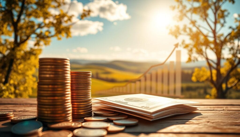 A vibrant, dynamic scene of retirement savings and financial planning. In the foreground, a stack of coins and bills, symbolizing the accumulation of wealth. In the middle ground, a 3D graph depicting growth over time, with upward-trending lines and charts. In the background, a serene, sun-dappled landscape with rolling hills and a clear blue sky, conveying a sense of tranquility and long-term security. Warm, golden lighting casts a comforting glow, while a wide-angle lens captures the expansive, aspirational nature of retirement savings. The overall mood is one of optimism, diligence, and a secure financial future. A vibrant, dynamic scene of retirement savings and financial planning. In the foreground, a stack of coins and bills, symbolizing the accumulation of wealth. In the middle ground, a 3D graph depicting growth over time, with upward-trending lines and charts. In the background, a serene, sun-dappled landscape with rolling hills and a clear blue sky, conveying a sense of tranquility and long-term security. Warm, golden lighting casts a comforting glow, while a wide-angle lens captures the expansive, aspirational nature of retirement savings. The overall mood is one of optimism, diligence, and a secure financial future.