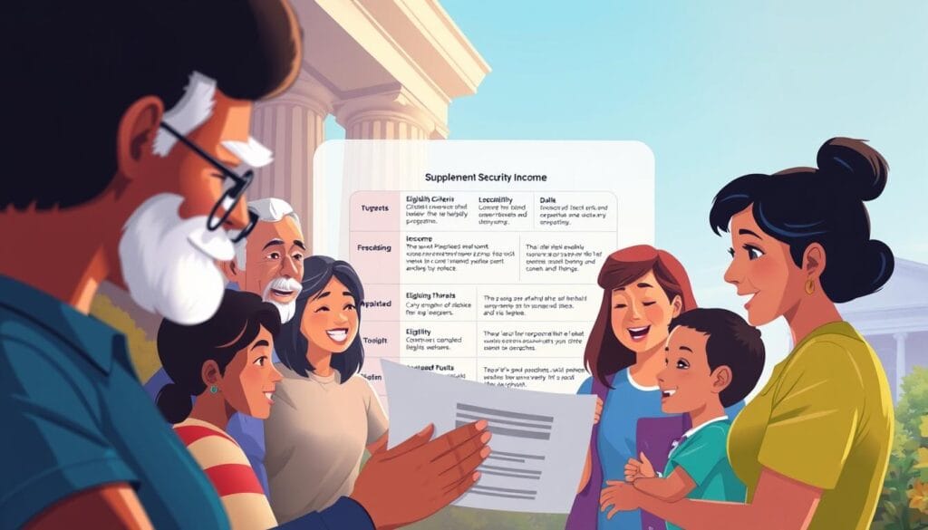 A vibrant illustration showcasing the key aspects of Supplemental Security Income (SSI) eligibility. In the foreground, a diverse group of individuals representing the target demographics - seniors, disabled adults, and children - gather around a central document or form, expressions conveying understanding and relief. The middle ground features a clean, modern interface displaying eligibility criteria, income thresholds, and application process, rendered in a clear, informative manner. The background subtly incorporates elements suggestive of the Social Security Administration, such as architectural details or a symbolic graphic, all bathed in a warm, inclusive lighting that underscores the accessibility and support of the SSI program. A vibrant illustration showcasing the key aspects of Supplemental Security Income (SSI) eligibility. In the foreground, a diverse group of individuals representing the target demographics - seniors, disabled adults, and children - gather around a central document or form, expressions conveying understanding and relief. The middle ground features a clean, modern interface displaying eligibility criteria, income thresholds, and application process, rendered in a clear, informative manner. The background subtly incorporates elements suggestive of the Social Security Administration, such as architectural details or a symbolic graphic, all bathed in a warm, inclusive lighting that underscores the accessibility and support of the SSI program.