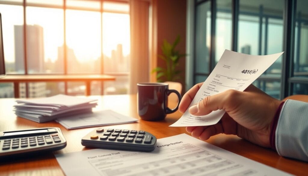 A vibrant, real-world scene showcasing pre-tax contributions to a 401(b) retirement plan. In the foreground, a person's hand filling out a form with financial details. In the middle ground, a calculator, a stack of financial documents, and a coffee mug sit on a wooden desk. The background features a modern office setting with a large window providing natural light and a city skyline visible outside. The overall mood is one of focus, organization, and financial responsibility, conveying the significance of pre-tax contributions to a 401(b) plan. A vibrant, real-world scene showcasing pre-tax contributions to a 401(b) retirement plan. In the foreground, a person's hand filling out a form with financial details. In the middle ground, a calculator, a stack of financial documents, and a coffee mug sit on a wooden desk. The background features a modern office setting with a large window providing natural light and a city skyline visible outside. The overall mood is one of focus, organization, and financial responsibility, conveying the significance of pre-tax contributions to a 401(b) plan.
