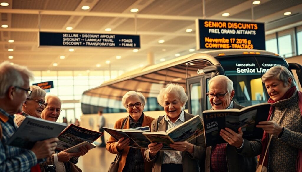 A vibrant scene depicting senior citizens taking advantage of discounted travel options. In the foreground, a group of retirees excitedly perusing travel brochures, their faces alight with anticipation. The middle ground showcases a sleek, modern tour bus emblazoned with the logo of a reputable senior travel agency. In the background, a bustling airport terminal, with signage highlighting senior discounts on airfare and ground transportation. Warm, diffused lighting casts a welcoming glow, and a sense of camaraderie and exploration pervades the atmosphere. The image conveys the joy and affordability of travel for the golden-aged set. A vibrant scene depicting senior citizens taking advantage of discounted travel options. In the foreground, a group of retirees excitedly perusing travel brochures, their faces alight with anticipation. The middle ground showcases a sleek, modern tour bus emblazoned with the logo of a reputable senior travel agency. In the background, a bustling airport terminal, with signage highlighting senior discounts on airfare and ground transportation. Warm, diffused lighting casts a welcoming glow, and a sense of camaraderie and exploration pervades the atmosphere. The image conveys the joy and affordability of travel for the golden-aged set.