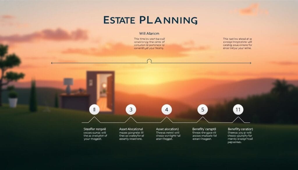 A vibrant, step-by-step illustration of the estate planning process. In the foreground, a detailed diagram depicts the key steps, including will creation, asset allocation, and beneficiary designation. The middle ground features a warm, cozy home interior, conveying a sense of security and stability. In the background, a softly lit landscape with rolling hills and a serene sky, evoking a peaceful, contemplative atmosphere. The composition is balanced, with clean lines and a harmonious color palette of muted tones accented by subtle pops of color. Crisp, high-resolution details bring the entire scene to life, guiding the viewer through the comprehensive estate planning journey. A vibrant, step-by-step illustration of the estate planning process. In the foreground, a detailed diagram depicts the key steps, including will creation, asset allocation, and beneficiary designation. The middle ground features a warm, cozy home interior, conveying a sense of security and stability. In the background, a softly lit landscape with rolling hills and a serene sky, evoking a peaceful, contemplative atmosphere. The composition is balanced, with clean lines and a harmonious color palette of muted tones accented by subtle pops of color. Crisp, high-resolution details bring the entire scene to life, guiding the viewer through the comprehensive estate planning journey.