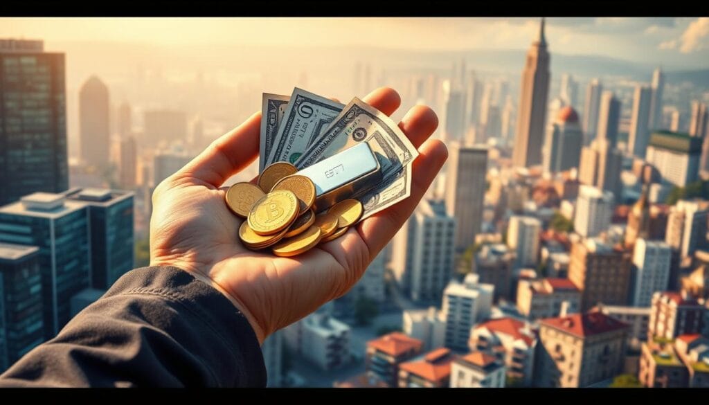 A vibrant, well-composed illustration depicting cash flow defenses against inflation. In the foreground, a sturdy, weathered hand holds a handful of diverse assets - gold coins, a silver bar, and a scatter of crisp dollar bills. The middle ground showcases a variety of financial instruments such as stocks, bonds, and real estate, all set against a backdrop of a dynamic cityscape, hinting at the complexity of modern finance. The lighting is warm and natural, casting a sense of security and stability, while the overall composition conveys a feeling of careful planning and strategic wealth management. The image should inspire confidence in the viewer's ability to fortify their financial future against the ravages of inflation. A vibrant, well-composed illustration depicting cash flow defenses against inflation. In the foreground, a sturdy, weathered hand holds a handful of diverse assets - gold coins, a silver bar, and a scatter of crisp dollar bills. The middle ground showcases a variety of financial instruments such as stocks, bonds, and real estate, all set against a backdrop of a dynamic cityscape, hinting at the complexity of modern finance. The lighting is warm and natural, casting a sense of security and stability, while the overall composition conveys a feeling of careful planning and strategic wealth management. The image should inspire confidence in the viewer's ability to fortify their financial future against the ravages of inflation.