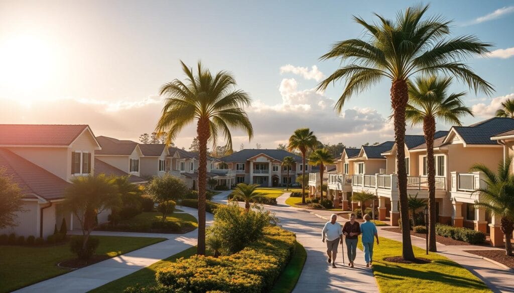 A vibrant, well-manicured community nestled in the heart of Sun City Center, Florida. A picturesque scene of pristine townhouses and condominiums adorned with lush, verdant landscaping. The sun casts a warm, golden glow across the tranquil streets, inviting residents to stroll and explore. In the distance, the gleaming clubhouse stands tall, a hub of social activity and recreation. Mature palm trees sway gently in the breeze, adding to the serene, tropical ambiance. Retirees amble along the sidewalks, enjoying the well-maintained amenities and the sense of active, carefree living that defines this affordable, age-restricted enclave. A vibrant, well-manicured community nestled in the heart of Sun City Center, Florida. A picturesque scene of pristine townhouses and condominiums adorned with lush, verdant landscaping. The sun casts a warm, golden glow across the tranquil streets, inviting residents to stroll and explore. In the distance, the gleaming clubhouse stands tall, a hub of social activity and recreation. Mature palm trees sway gently in the breeze, adding to the serene, tropical ambiance. Retirees amble along the sidewalks, enjoying the well-maintained amenities and the sense of active, carefree living that defines this affordable, age-restricted enclave.