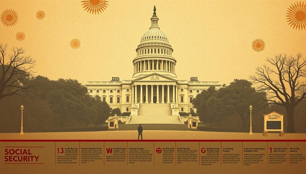 A vintage-styled illustration depicting the historical milestones of the United States Social Security program. In the foreground, a detailed timeline showcases key events and legislation, such as the Social Security Act of 1935 and subsequent expansions. The middle ground features symbolic visual elements representing the program's core purpose - providing retirement income, disability benefits, and survivor's insurance. In the background, an elegant, sepia-toned depiction of the U.S. Capitol building serves as a backdrop, conveying the governmental origin and authority of this pivotal social program. The overall mood is one of gravitas, tradition, and enduring significance, befitting the impactful history of Social Security. A vintage-styled illustration depicting the historical milestones of the United States Social Security program. In the foreground, a detailed timeline showcases key events and legislation, such as the Social Security Act of 1935 and subsequent expansions. The middle ground features symbolic visual elements representing the program's core purpose - providing retirement income, disability benefits, and survivor's insurance. In the background, an elegant, sepia-toned depiction of the U.S. Capitol building serves as a backdrop, conveying the governmental origin and authority of this pivotal social program. The overall mood is one of gravitas, tradition, and enduring significance, befitting the impactful history of Social Security.