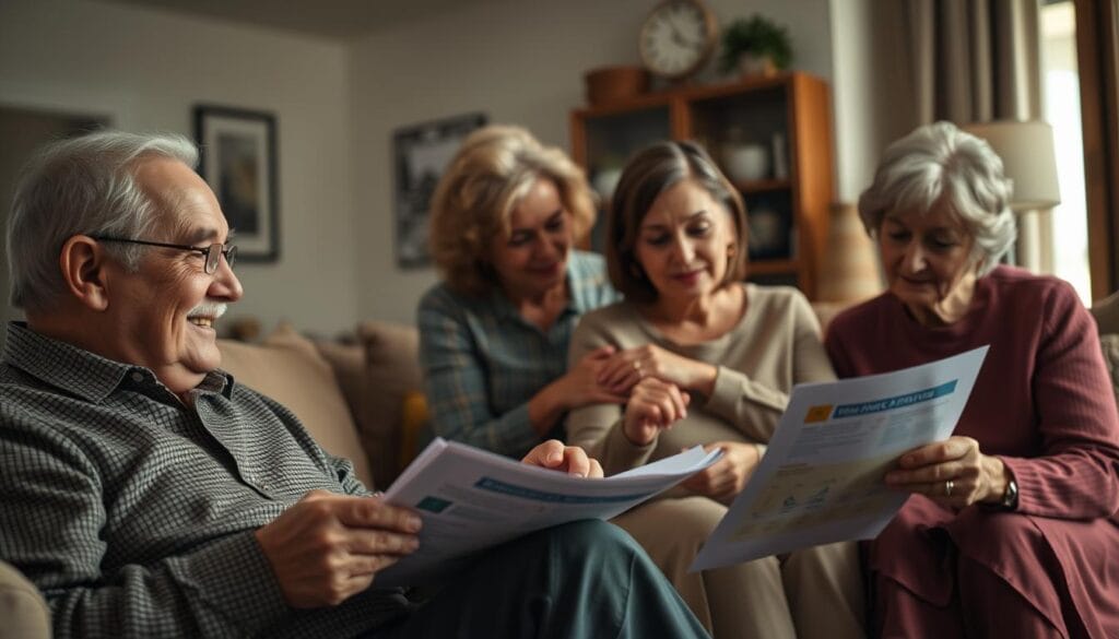 A warm and inviting family gathering, with grandparents offering financial guidance and support to younger generations. In the foreground, a grandfather sits with his grandchild, poring over financial documents and offering advice with a caring expression. In the middle ground, a grandmother embraces her daughter, conveying understanding and reassurance. The background features a cozy, well-appointed living room, bathed in soft, natural lighting that creates a sense of comfort and security. The overall mood is one of multigenerational collaboration, trust, and the passing of financial wisdom from elders to younger family members.