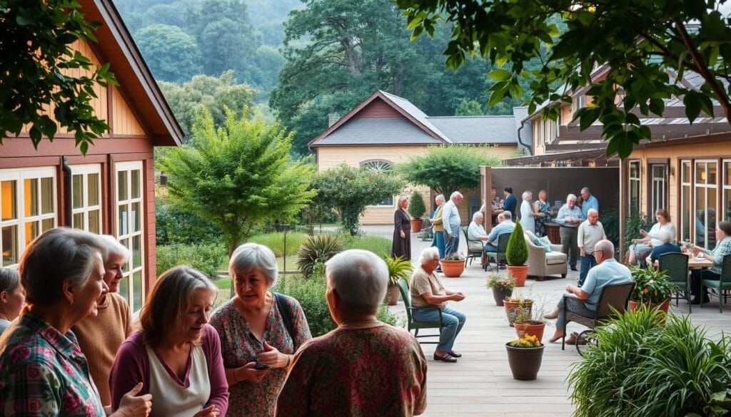 A warm, inviting community center nestled in a lush, verdant landscape. In the foreground, a group of diverse residents engaged in lively conversation, their faces lit by the soft, natural lighting filtering through large windows. The middle ground features an activity room filled with seniors participating in a craft workshop, their brows furrowed in concentration. In the background, a sprawling outdoor patio lined with comfortable seating and thriving potted plants, where residents gather to socialize and enjoy the serene atmosphere. The scene exudes a sense of belonging, camaraderie, and purposeful living, capturing the essence of a vibrant retirement community. A warm, inviting community center nestled in a lush, verdant landscape. In the foreground, a group of diverse residents engaged in lively conversation, their faces lit by the soft, natural lighting filtering through large windows. The middle ground features an activity room filled with seniors participating in a craft workshop, their brows furrowed in concentration. In the background, a sprawling outdoor patio lined with comfortable seating and thriving potted plants, where residents gather to socialize and enjoy the serene atmosphere. The scene exudes a sense of belonging, camaraderie, and purposeful living, capturing the essence of a vibrant retirement community.