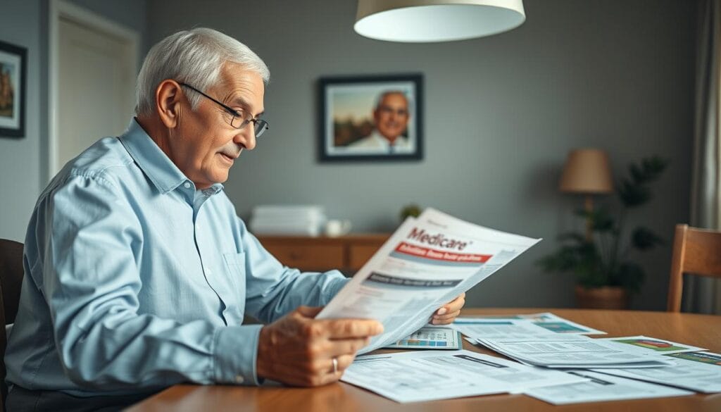 A warm, inviting scene of a senior citizen reviewing Medicare assistance program documents at a well-lit table. The foreground features the older adult, dressed neatly, intently examining paperwork with a focused expression. The middle ground showcases an array of informational brochures, pamphlets, and forms related to Medicare benefits, costs, and enrollment. In the background, a soothing, muted color palette sets a calming, reassuring atmosphere, hinting at the peace of mind that can come from understanding one's Medicare options. The lighting is soft and natural, casting a gentle glow across the scene. The composition is balanced and draws the viewer's eye to the central figure, conveying a sense of guidance and support for seniors navigating the complexities of healthcare programs. A warm, inviting scene of a senior citizen reviewing Medicare assistance program documents at a well-lit table. The foreground features the older adult, dressed neatly, intently examining paperwork with a focused expression. The middle ground showcases an array of informational brochures, pamphlets, and forms related to Medicare benefits, costs, and enrollment. In the background, a soothing, muted color palette sets a calming, reassuring atmosphere, hinting at the peace of mind that can come from understanding one's Medicare options. The lighting is soft and natural, casting a gentle glow across the scene. The composition is balanced and draws the viewer's eye to the central figure, conveying a sense of guidance and support for seniors navigating the complexities of healthcare programs.