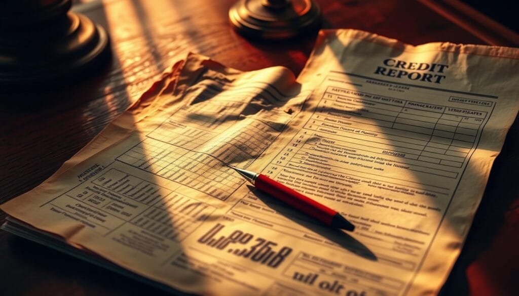 A weathered, well-worn credit report, the pages creased and yellowed with age, lies open on a mahogany desk. The document is bathed in warm, golden light, casting deep shadows that highlight the intricate details - a mosaic of numbers, dates, and notations that tell a story of financial history. In the foreground, a single red pen rests, ready to meticulously examine and annotate the report, addressing the negative items that could be impacting the viewer's credit score. The background is a soft, blurred expanse, allowing the credit report to take center stage, the focus of the viewer's attention. A weathered, well-worn credit report, the pages creased and yellowed with age, lies open on a mahogany desk. The document is bathed in warm, golden light, casting deep shadows that highlight the intricate details - a mosaic of numbers, dates, and notations that tell a story of financial history. In the foreground, a single red pen rests, ready to meticulously examine and annotate the report, addressing the negative items that could be impacting the viewer's credit score. The background is a soft, blurred expanse, allowing the credit report to take center stage, the focus of the viewer's attention.