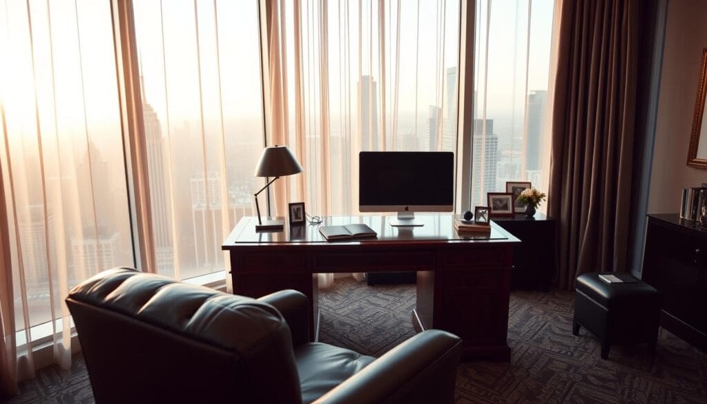A well-appointed executive office with floor-to-ceiling windows overlooking a bustling city skyline. Soft, warm lighting filters through sheer curtains, casting a refined, sophisticated atmosphere. At the center, an elegant, mahogany desk is adorned with subtle, yet impactful accents - a sleek desktop computer, a leather-bound journal, and a carefully curated selection of art pieces. In the foreground, a leather chair with plush upholstery invites the viewer to imagine a personalized wealth management consultation, while the background showcases the grandeur of the city, symbolizing the global reach and resources available to the financial advisor.
