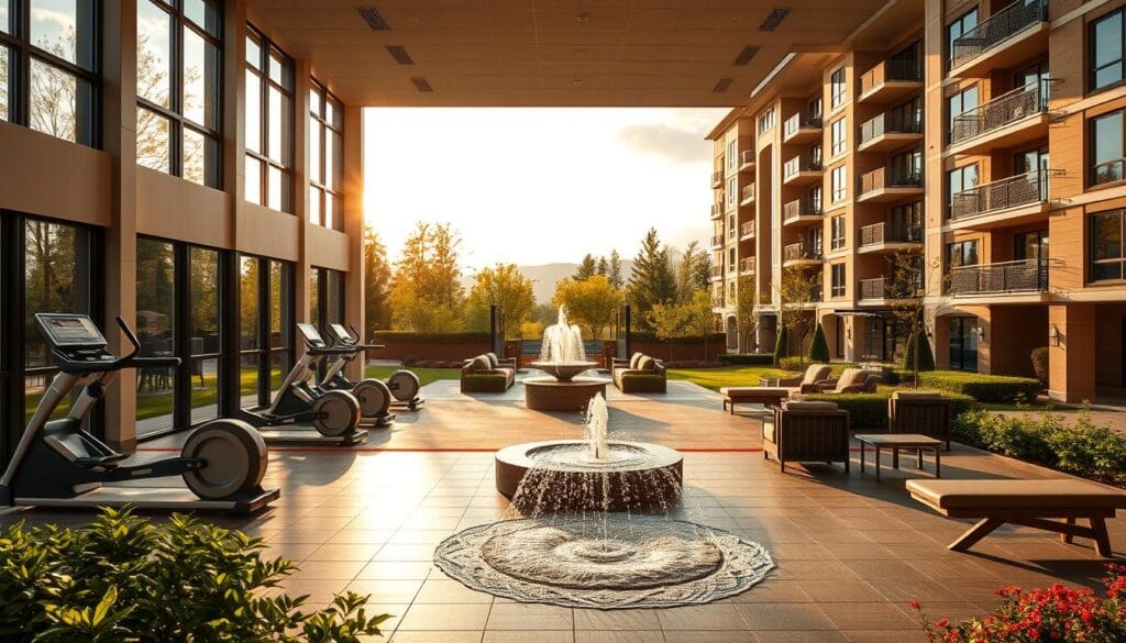 A well-appointed retirement community, bathed in warm, natural lighting. In the foreground, a spacious, modern fitness center with state-of-the-art equipment and floor-to-ceiling windows overlooking lush, well-manicured gardens. In the middle ground, a serene outdoor lounge area with comfortable seating and a bubbling fountain. In the background, a multistory building featuring elegant, contemporary architecture and balconies with sweeping views of the surrounding landscape. The overall atmosphere is one of comfort, luxury, and vibrant, active living for the discerning senior. A well-appointed retirement community, bathed in warm, natural lighting. In the foreground, a spacious, modern fitness center with state-of-the-art equipment and floor-to-ceiling windows overlooking lush, well-manicured gardens. In the middle ground, a serene outdoor lounge area with comfortable seating and a bubbling fountain. In the background, a multistory building featuring elegant, contemporary architecture and balconies with sweeping views of the surrounding landscape. The overall atmosphere is one of comfort, luxury, and vibrant, active living for the discerning senior.